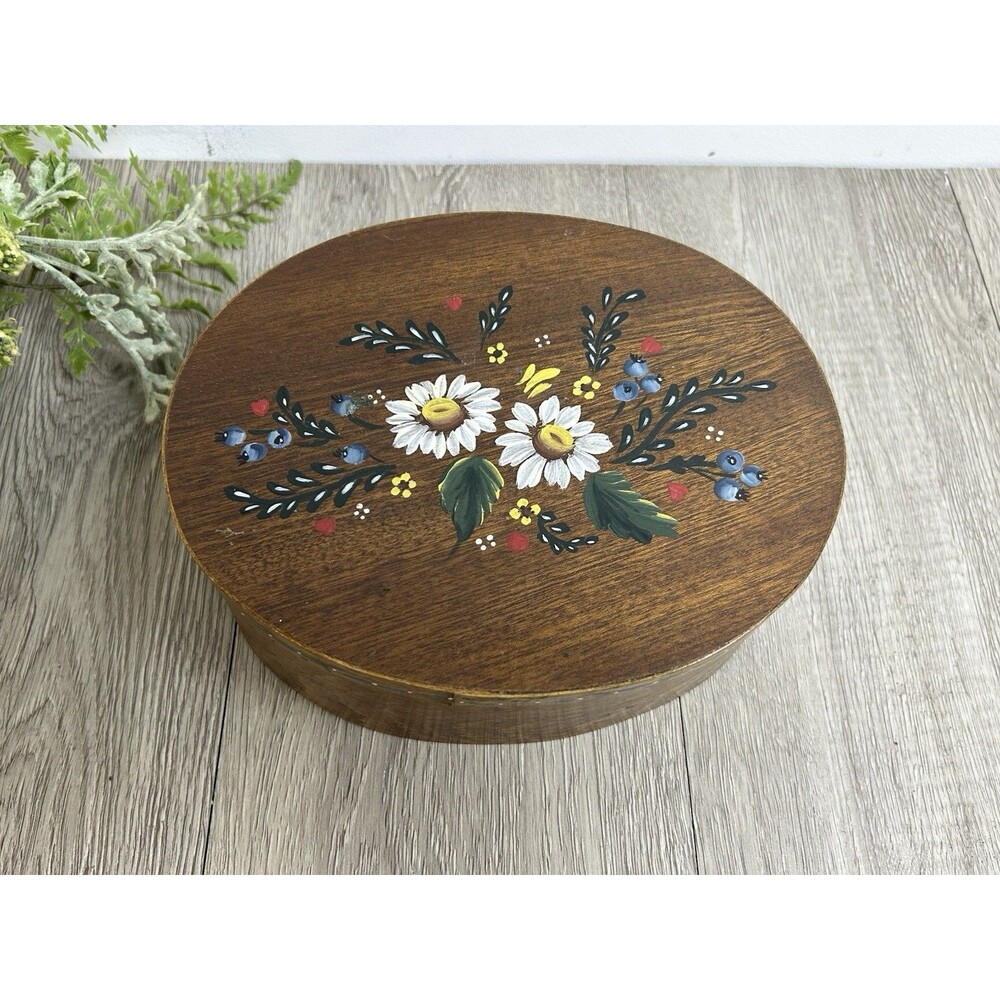 Vintage Wooden Box Oval Shape Hand Painted Floral Lid Made In Yugoslavia